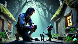 Fionn se encuentra con Seamus, el leprechaun, frente a su cabaña en el bosque mágico.