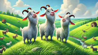 Los tres cabritos Gruff pastan felices juntos en una verde colina bajo un claro cielo azul.