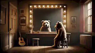 Bear se sienta solo en un camerino después de un concierto, con una mirada pensativa.