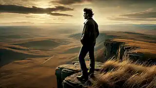 Ennis de pie al borde de un acantilado en la montaña Brokeback, contemplando el vasto paisaje.
