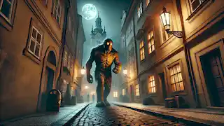 José el Golem patrullando el Barrio Judío de Praga por la noche.