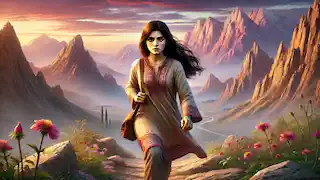 Anahita camina por un sendero montañoso y accidentado, vestida con atuendo tradicional persa y llevando un satchel.
