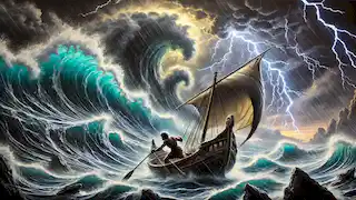 Alexios se aferra al timón de su bote, luchando contra una tormenta violenta, con olas gigantescas y destellos de relámpagos.