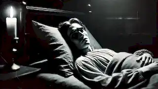 Edward Hall repousa em sua cama, exausto e pálido, sombras no ambiente semiluzido sugerem a presença iminente de algo.
