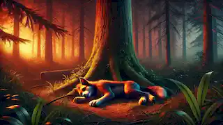 Max yace agotado bajo un gran árbol en el bosque, con el sol poniente proyectando un brillo anaranjado sobre la escena.