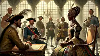 La reina Nzinga en una discusión diplomática con aliados holandeses, en un gran salón adornado con motivos africanos y europeos.