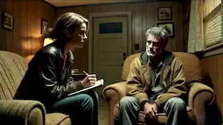Holly Gibney interroga a un angustiado Robert Hardin en una sala de estar suburbana tenuemente iluminada, llena de tensión.