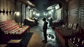 Un niño camina por un bazar medio desierto en la noche, rodeado de puestos tenuemente iluminados y de pocas personas.