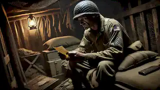 Un soldado estadounidense se sienta en un refugio tenuemente iluminado, sosteniendo una carta y reflexionando sobre sus experiencias en la guerra.