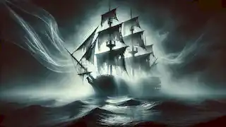 El Holandés Errante navega a través de una densa niebla, resplandeciendo con una luz fantasmagórica, con figuras espectrales moviéndose en la cubierta.