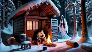 Minokichi despierta en una cabaña débilmente iluminada, sobresaltado por la figura fantasmal de Yuki-onna en la puerta, durante una tormenta de nieve.