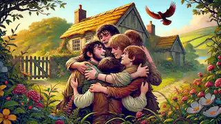 Los siete hermanos, ahora niños, abrazan con alegría a su hermana frente a su casa familiar, rodeados de vegetación.