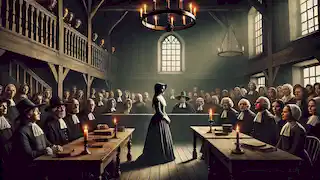 Une femme est jugée pour sorcellerie dans une salle d'audience éclairée à la bougie, tandis que des villageois et des juges observent anxieusement.