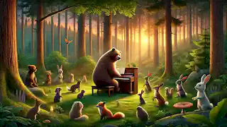 El oso toca el piano en el bosque al anochecer, rodeado de sus amigos animales.