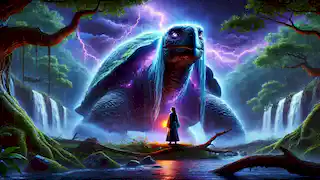 La imponente Tortuga Negra y Mei están juntas bajo un cielo oscuro, preparándose para restaurar la paz.