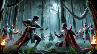 Khun Phaen y Khun Chang se enfrentan en un duelo mágico bajo la luz de la luna en un denso bosque.
