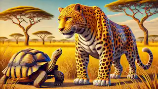 El leopardo se burla de la tortuga que se mueve lentamente en medio de la sabana.