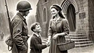 Esmé y su hermano Charles están afuera de la iglesia, conversando con un soldado cansado mientras la lluvia cae suavemente.
