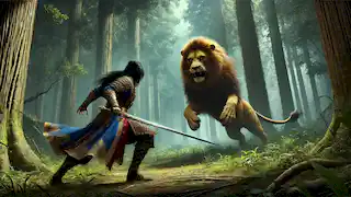 Esfandiyar luchando contra un enorme león en un denso bosque, sosteniendo su espada con determinación.