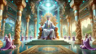 El Emperador de Jade, sentado en su trono de jade en un grandioso palacio celestial, rodeado de dioses que le rinden homenaje.
