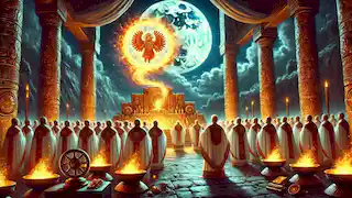 Los sacerdotes de Aztlán reciben una profecía divina de Huitzilopochtli, iluminada por un fuego celestial bajo un cielo bañado por la luz de la luna.