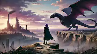 Violeta y Xyron están de pie en un acantilado, observando las ruinas del campo de batalla mientras amanece, señalando un nuevo comienzo.