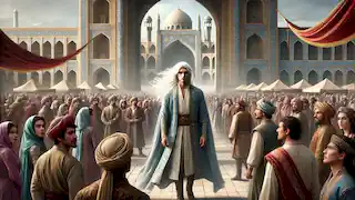 Zal, con su larga cabellera blanca, entra en el reino de Sistan mientras la gente lo observa con asombro y curiosidad.
