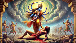Durga es celebrada por los dioses mientras las flores llueven del cielo tras su victoria sobre Mahishasura.
