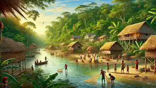 Pueblo amazónico con pescadores lanzando redes, niños jugando junto al río y una exuberante selva de fondo.