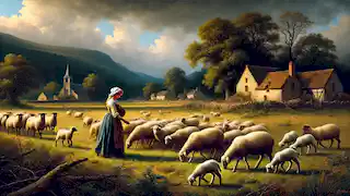 Una joven pastora cuidando ovejas en un campo abierto, con el oscuro borde de un bosque al fondo.