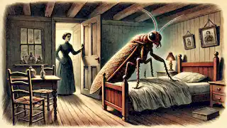 Gregor lucha en la cama mientras su madre llama a la puerta, preocupada e inconsciente de su transformación.