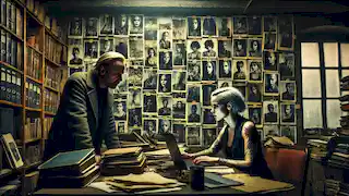 Mikael Blomkvist y Lisbeth Salander examinan una pared de fotos y documentos en una habitación débilmente iluminada.