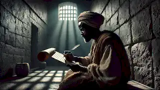 Liongo écrit de la poésie dans une sombre cellule de prison, éclairée par une petite fenêtre, exprimant la trahison et la détermination.
