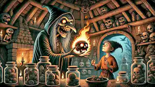 Baba Yaga le entrega un cráneo ardiente con ojos llameantes a Vasilisa dentro de su cabaña.