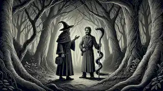 Goodman Brown se encuentra con un misterioso extraño que sostiene un bastón con forma de serpiente en el oscuro bosque, rodeado de sombras.