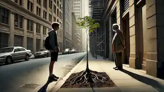Un joven contempla un pequeño árbol que crece entre edificios, reflexionando sobre las palabras del anciano acerca del amor en el mundo que lo rodea.