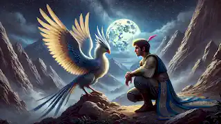 Rostam consulte la mythique Simurgh sur une montagne éclairée par la lune, à la recherche de conseils.