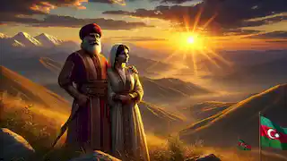Köroğlu y Nigar, mayores y más sabios, se encuentran juntos en la cima de una montaña al atardecer, reflexionando sobre su legado.