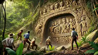 Diego y su equipo descubriendo antiguos grabados cerca de la entrada de una cueva escondida.