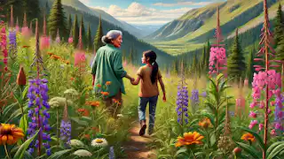 Maya y su abuela caminan por un sendero en la montaña, rodeadas de flores silvestres y vegetación.