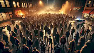 Un grupo de ciudadanos de Gotham de pie juntos contra criminales enmascarados en una escena callejera tensa y caótica.