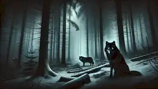 Un bosque oscuro y tenebroso con un suelo cubierto de nieve, donde los lobos de ojos brillantes acechan en las sombras.