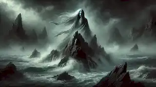 Una misteriosa bruja se encuentra en la cima de una roca afilada, rodeada de niebla, mientras las olas tempestuosas chocan contra las rocas abajo.