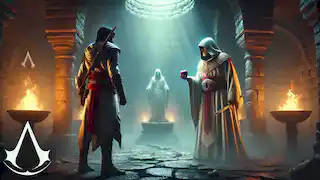 Altair se enfrenta a Al Mualim en la fortaleza de los Asesinos, con la resplandeciente Manzana del Edén arrojando una luz misteriosa a su alrededor.