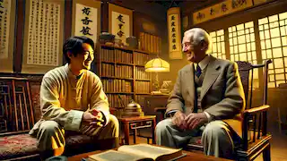Yu Tsun se encuentra con el Dr. Albert en un acogedor estudio repleto de libros y pergaminos chinos durante una discusión importante.