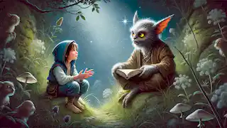Lila se sienta con Warrin, el líder de los Pukwudgies, en un claro iluminado por la luna, escuchando atentamente.