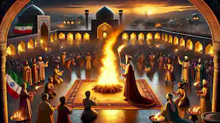 El rey Jamshid enciende el fuego sagrado durante Nowruz, rodeado de personas que vitorean y bajo una lluvia de faroles iluminados.