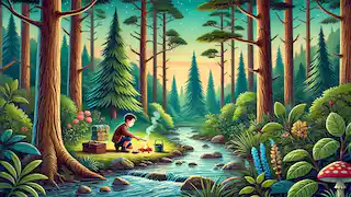 Pi établissant un campement près d'un ruisseau dans la forêt durant sa quête personnelle, entouré de grands arbres et de la faune.