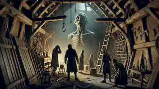 Los aldeanos descubren el inquietante taller de Lukas, donde se encuentra una grotesca escultura de madera en un interior tenuemente iluminado y amenazador.