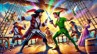 Peter Pan y el Capitán Garfio se enzarzaron en un intenso duelo de espadas en el barco pirata.